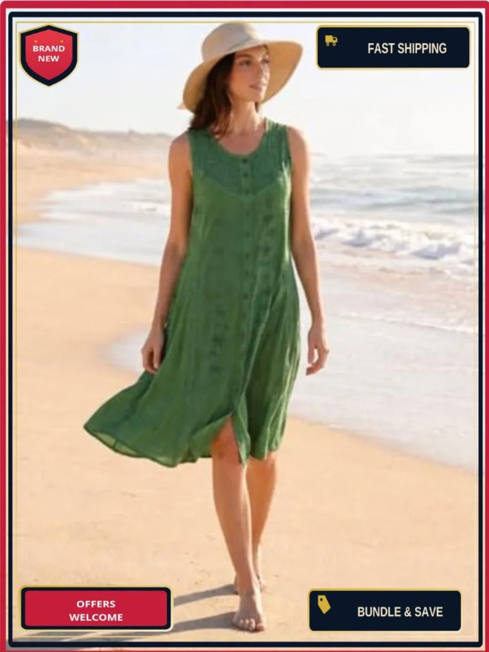 Women's Floral Embroidered Midi Sleeveless Button Up Rayon Dress
